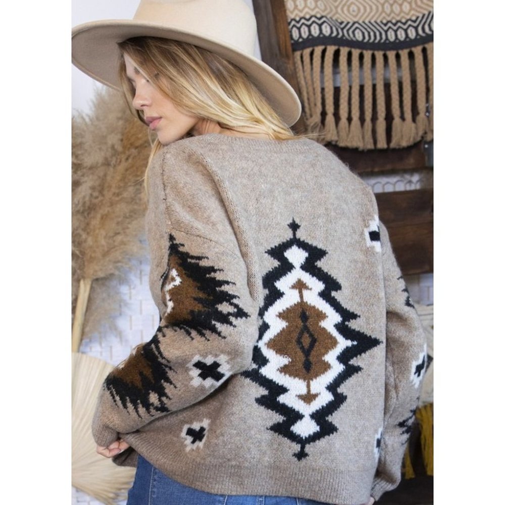 New Western Yellowstone Tribal Aztec Printed Pullover Crew Neck Sweater